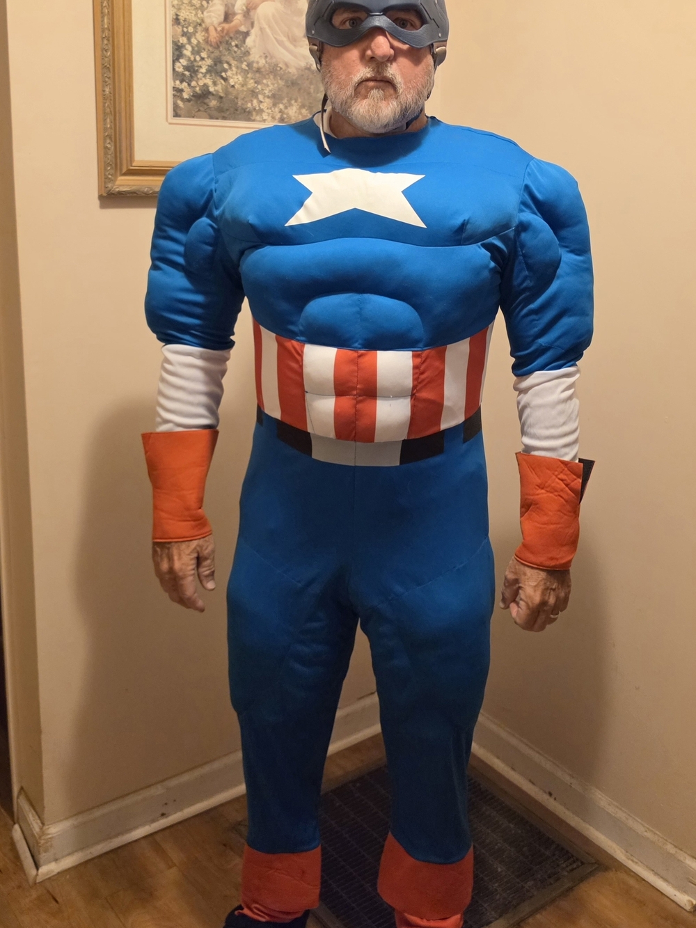 Captain-Inspired Blue Adult Costume with Red & White Accents Sz. L